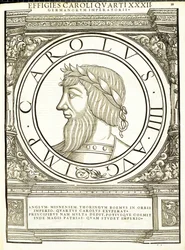 Charles III, illustration fra de mest autentiske billeder af de antikke romerske kejsere i Vestindien, træsnit af Rudolph Wyssenbach, trykt af Andreas Gesner, Zürich,